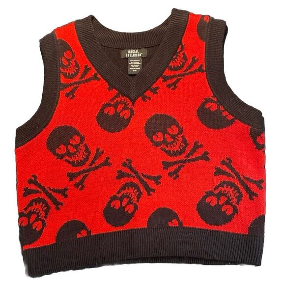 SOCIAL COLLISION Skull Sweater Vest Crossbone Petite S Red Black Skulls Goth - Picture 1 of 7